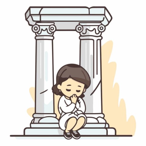 Illustration of a Girl Sitting in Front of an Ancient Greek Colu