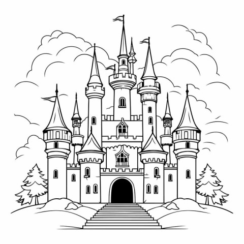 Castle in the forest. Fairy tale vector illustration. Black and