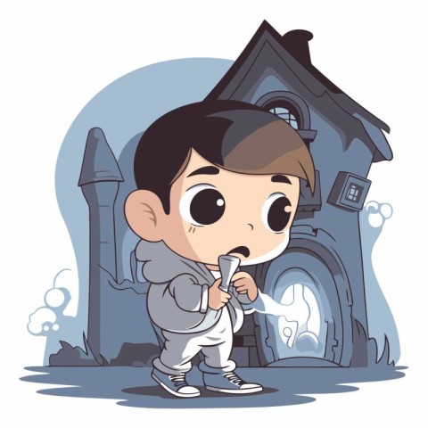 Little boy in front of a haunted house. Vector cartoon illustrat