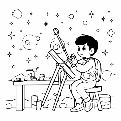 Boy with a telescope in black and white colors.