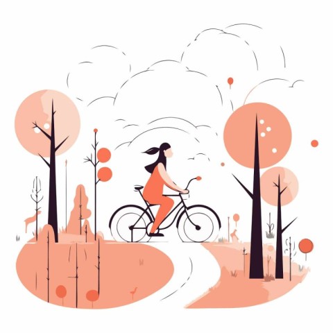 Woman riding bicycle in the autumn park. Flat style vector illus