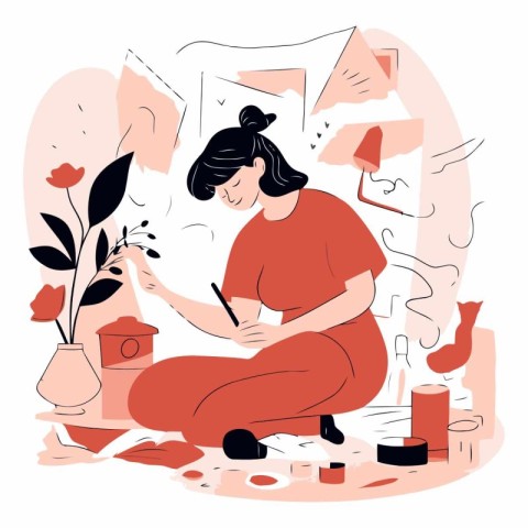 Vector illustration of a woman doing make-up in her home.