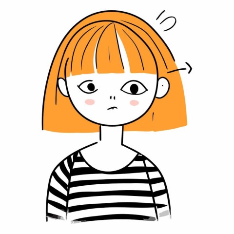 Cute cartoon girl with sad expression on her face.