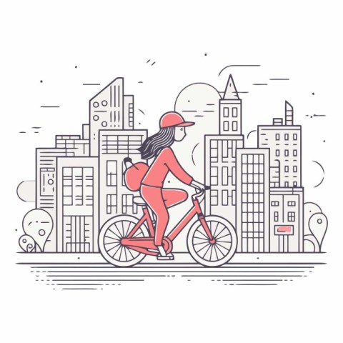 Vector illustration of a woman riding a bicycle in the city. Lin