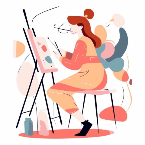 Female artist drawing picture on canvas. Young woman painting in