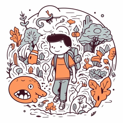 Vector illustration of a boy with a backpack in the autumn fores