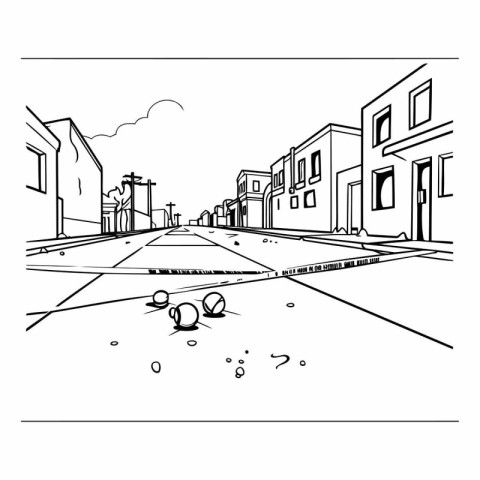 Outline of a street with houses and cars.