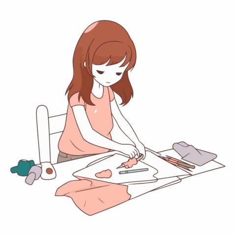 Illustration of a young woman painting with watercolors on white