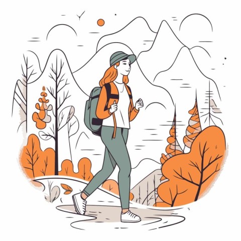 Hiking woman with backpack in the mountains. Cartoon vector illu