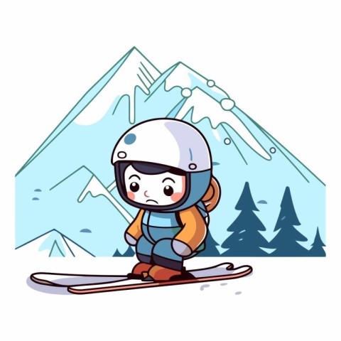 Little boy skier in helmet skiing in mountains.