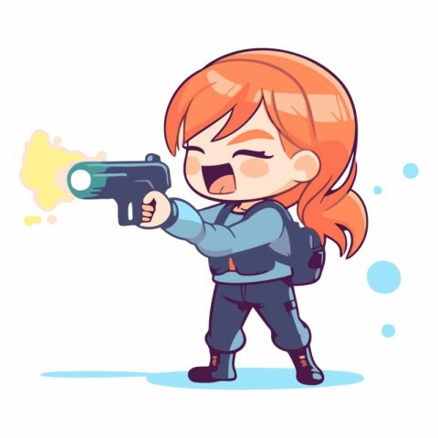 Angry little girl with gun in cartoon style.