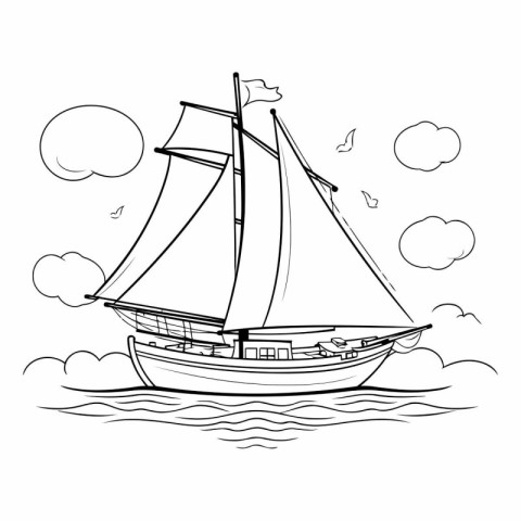 Sailing ship in the sea. Black and white vector illustration.