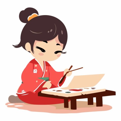 Illustration of a Cute Little Asian Girl Painting with Paintbrus