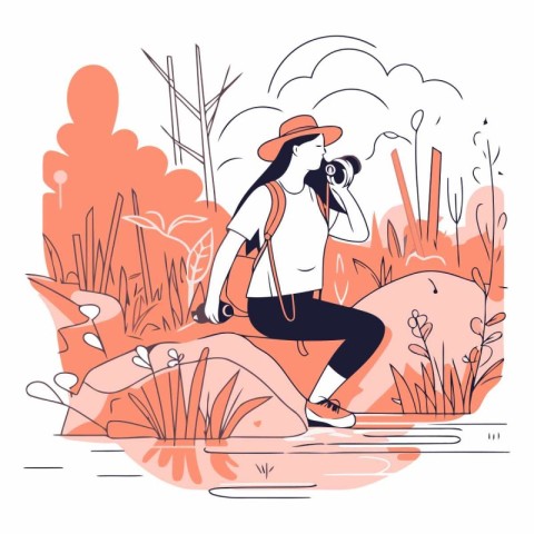 Vector illustration of a girl in a hat and with a backpack in th