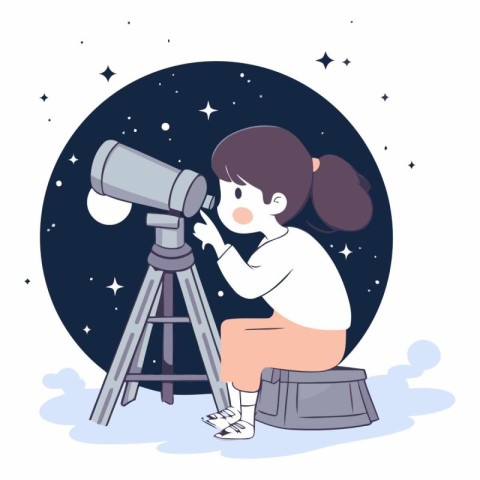 Girl looking through a telescope in a flat style.