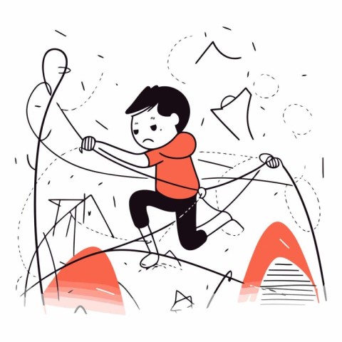 Cartoon illustration of a man climbing a mountain.