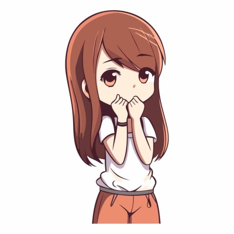 A cute little girl with brown hair and white t-shirt.