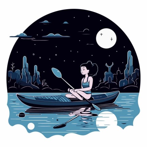 Girl in a kayak on the river at night