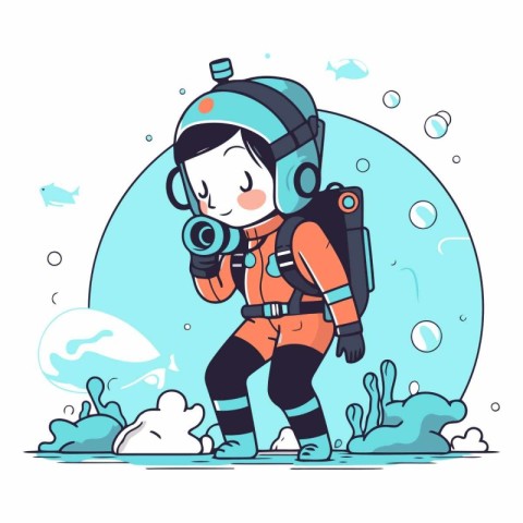 Cute cartoon boy with scuba diving suit.