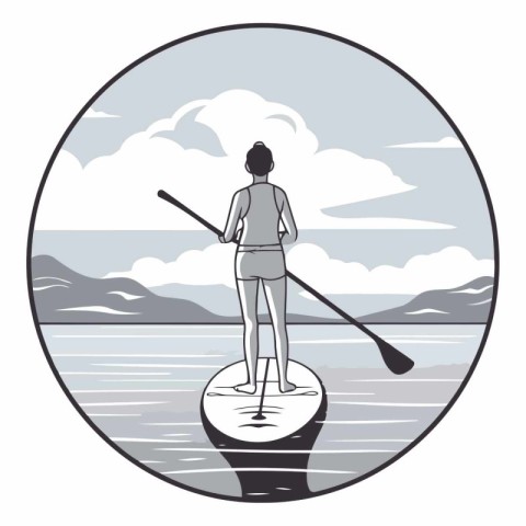 illustration of a woman standing on a paddleboard on a lake