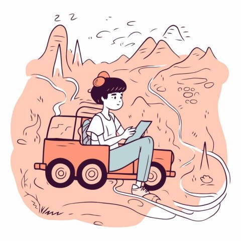 Vector illustration of a girl riding a car on a mountain road.