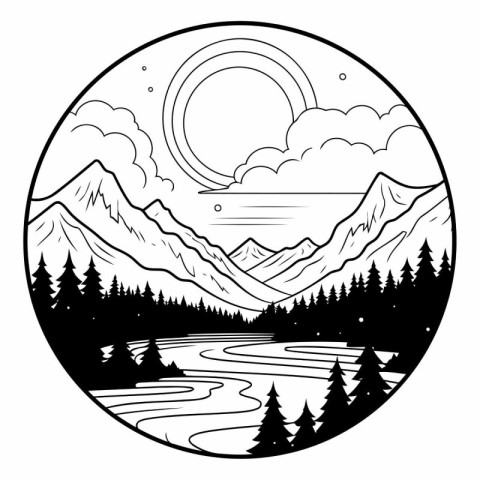 Mountain landscape with lake. forest and moon.