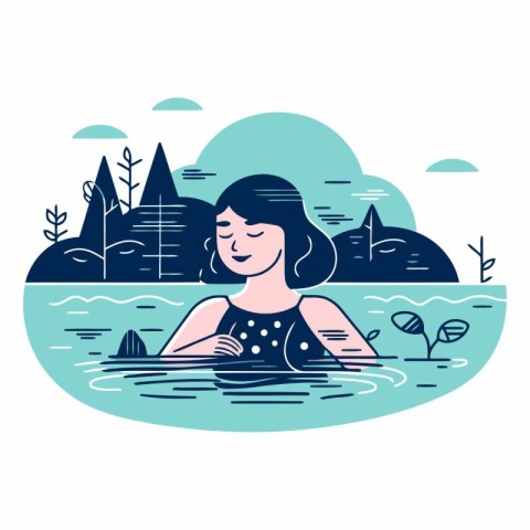 Vector illustration of woman swimming in the lake. Flat style de