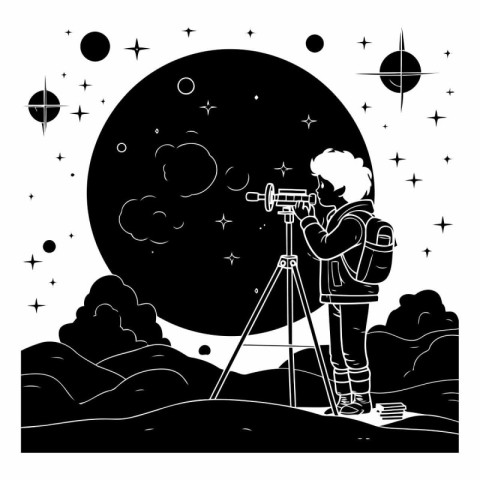 Boy with telescope in the night sky in black and white.