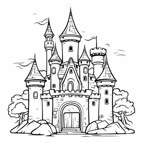 Fairytale castle. Black and white vector illustration for colori