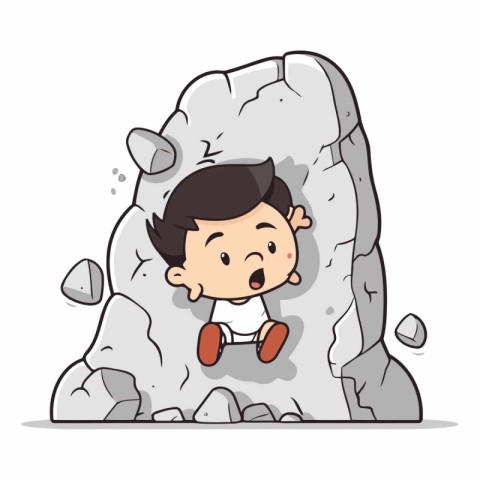 Little boy climbing on rock. Cute cartoon character vector illus