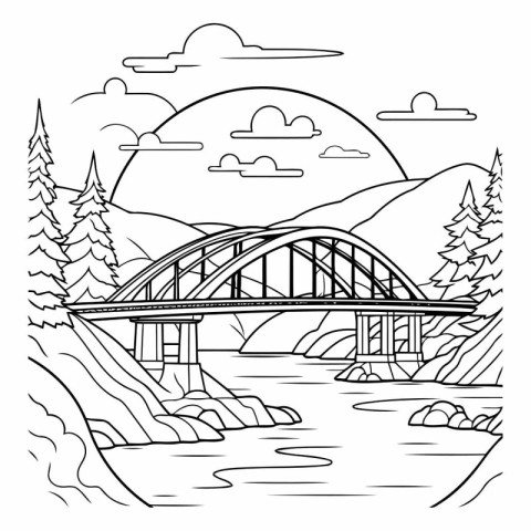 Bridge over the river. Coloring book for adults