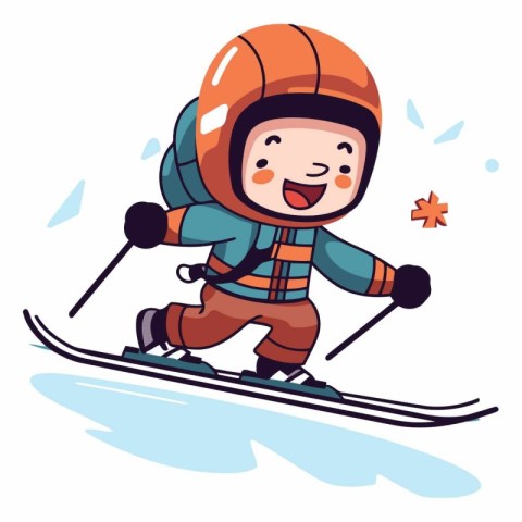 Cartoon skier in helmet and ski suit.