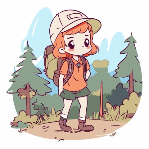 Cute little girl hiking in the forest in cartoon style.