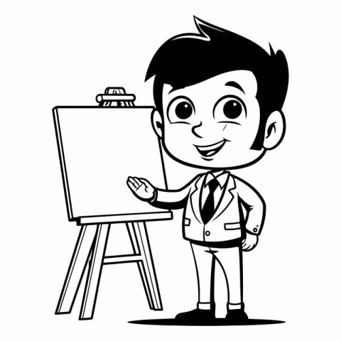 School Boy Showing Blank Board - Black and White Cartoon Illustr