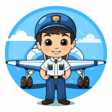 Cute boy pilot with jet aircraft in the sky vector illustration.