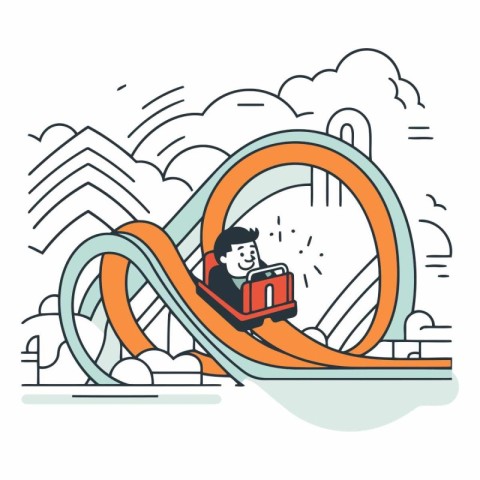 Vector illustration of a man riding a roller coaster in amusemen