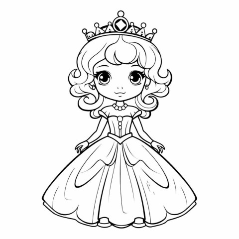 Cute princess in a white dress for coloring book.