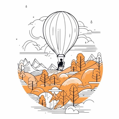 Hot air balloon flying over the autumn forest. Linear vector ill