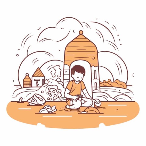 Vector illustration of a boy sitting on the rock in front of the