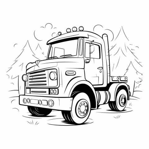 Truck in the forest. Black and white illustration for coloring b