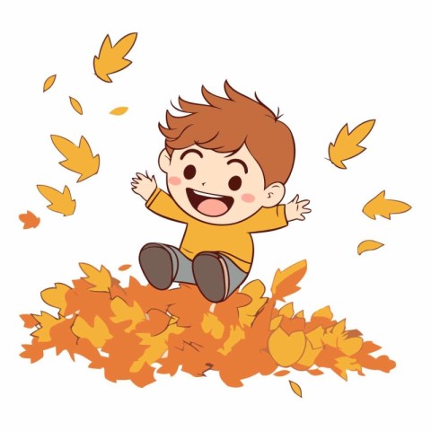 Happy boy playing with autumn leaves on white background.