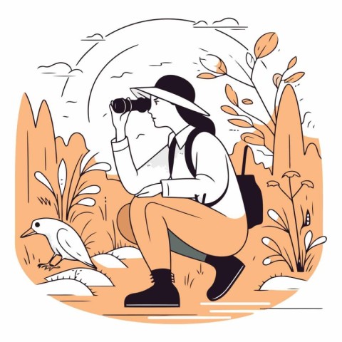 Vector illustration of a woman sitting in the park and looking t