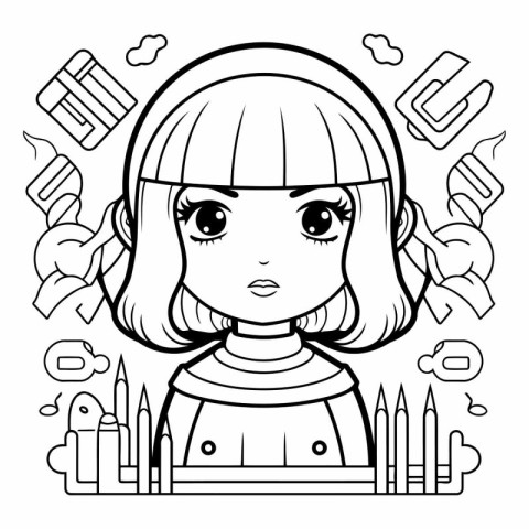 Coloring book for children: Girl with pencils and paintbrushes