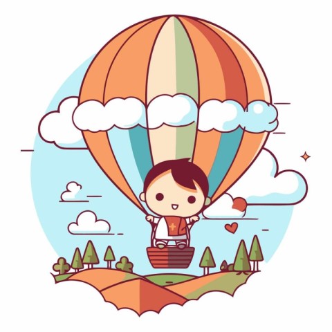 Cute little boy flying on hot air balloon.