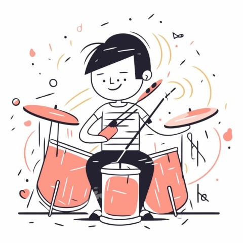 Boy playing drums. Hand drawn vector illustration in doodle styl