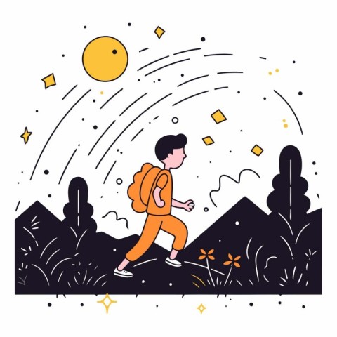 Vector illustration of a boy with a backpack running in the moun