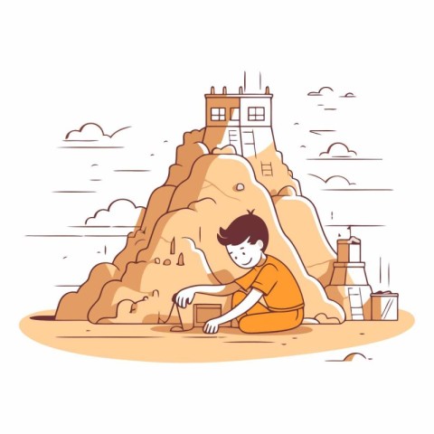 Little boy sitting on the sand in front of the castle