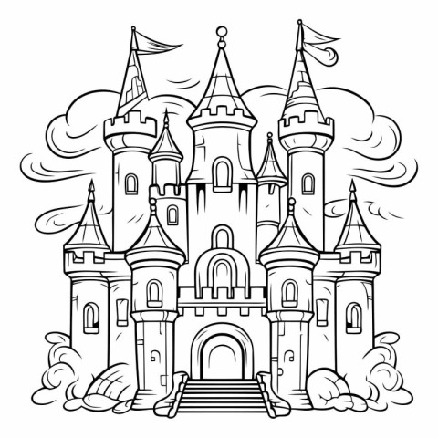 Fairytale castle. Coloring book page for adults.