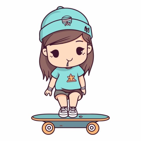 Cute Cartoon Girl Skateboarder Vector.