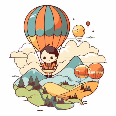 Cute boy with hot air balloon in the mountains.